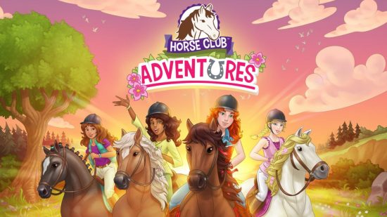 Cover art for Horse Club Adventures with the four starring ladies on horseback headed away from the sun