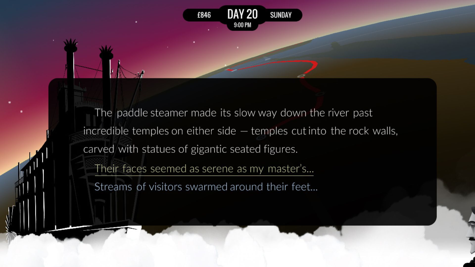 Best history games: 80 Days. A text box reads "The paddle steamer made its slow way down the river past incredible temples on either side - temples cut into the rock walls, carved with statues of gigantic seated figures." then two options, one of which reads "Their faces seemed as serene as my master's..." and the next of which reads "Streams of visitors swarmed around their feet..."