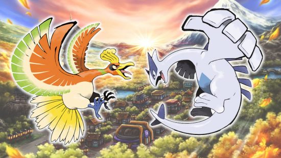 Best Pokémon games - Pokémon HeartGold SoulSilver landscape view, with the two main legendaries in the foreground