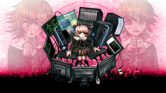 Danganronpa characters Chihiro surrounded by computer screens