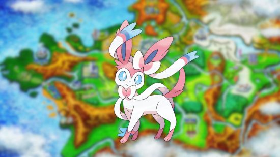 Sylveon sprite over the map of Kalos for gen 6 Pokémon guide