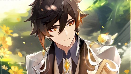 Genshin Impact Zhongli looking at a bird on his shoulder and smiling