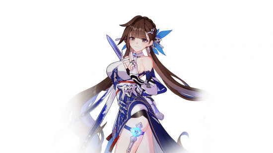 Honkai Impact characters - Li Sushang holding two fingers up against a white background