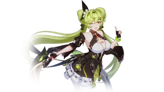 Honkai Impact characters - Ai Hyperion raising her finger against a white background