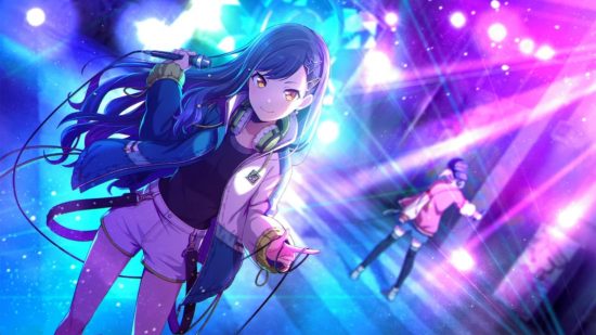 Project Sekai characters: An standing on stage in her VBS outfit holding a microphone, illuminated by blue light from behind.