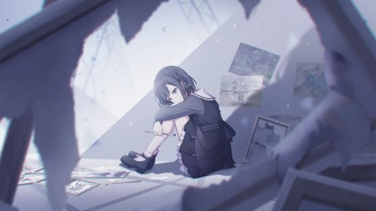 Project Sekai characters: Ena sat on the floor in Empty Sekai in her Niigo outfit, surrounded by illustrations.