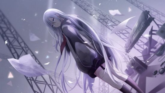 Project Sekai characters: Kanade in her Niigo outfit standing in the Empty Sekai, looking over her shoulder.