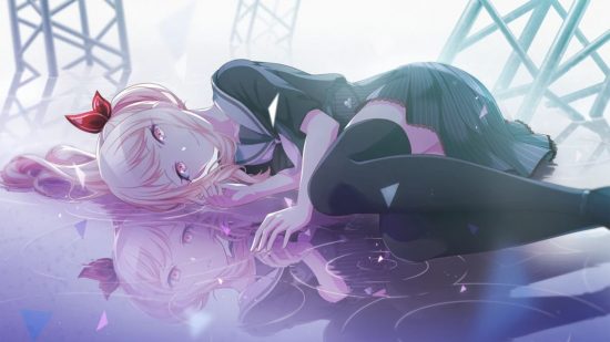 Project Sekai characters: Mizuki lying on a reflective surface in Empty Sekai in their Niigo outfit.