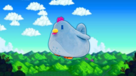 A Stardew Valley blue chicken plush on a Pelican Town background