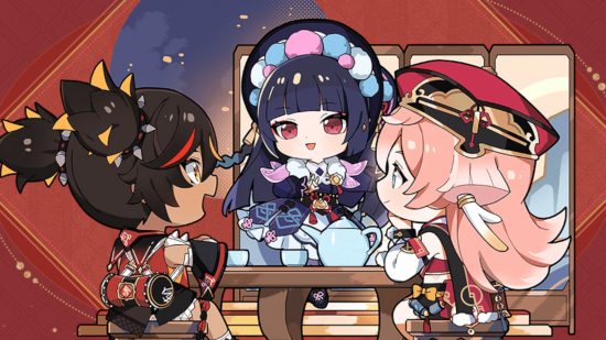 Genshin Impact Yun Jin: Chibi art of Yun Jin, Xinyan, and Yanfei enjoying tea on a red background.