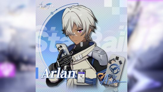 Honkai Star Rail Arlan: A picture of Arlan, a dark skinned boy with white hair and black tips and a cross-shaped scar on his nose, looking down at a phone.