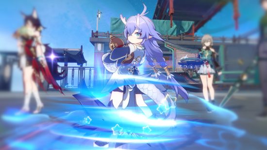 Honkai Star Rail Bailu: A screenshot of Bailu in-game using her skill, alongside three other figures who are blurred.