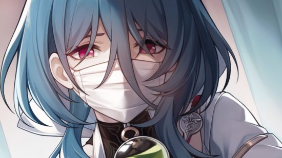 Honkai Star Rail Natasha: Natasha wearing a white face mask looking teary-eyed, with her blue hair falling in front of her red eyes.