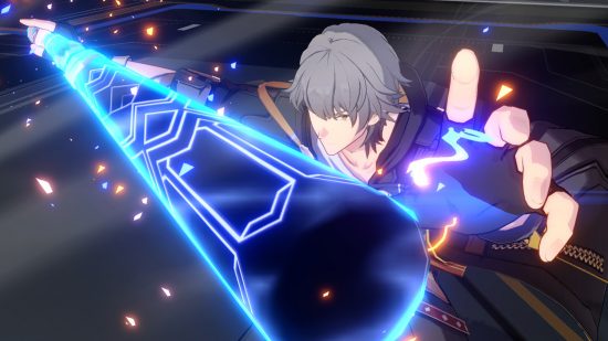 Honkai Star Rail Trailblazer: The male Trailblazer readying his ultimate attack by making his baseball bat glow.