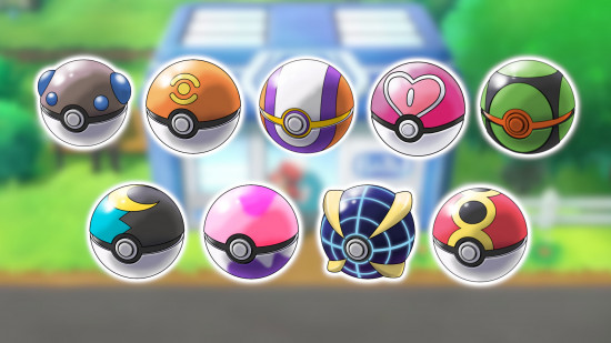 Pokeball types: A blurred background of a PokeMart with images of a Heavy Ball, Unite Ball, Sport Ball, Love Ball, Dusk Ball, Moon Ball, Dream Ball, Beast Ball, and Repeat Ball pasted onto it.