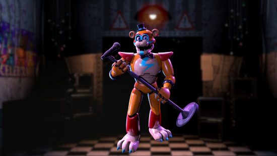 Custom image of Glam Rock Freddy in a Five Nights location for FNAF Freddy guide