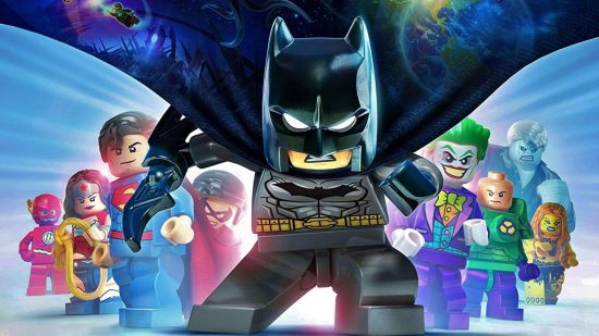 Batman games - Lego Batman in front of a triangle of allies and enemies -- Superman, the Flash, Wonder Woman, The Joker, and more