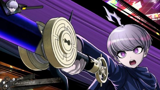 Danganronpa interview - Yuma raising his sword against a purple background