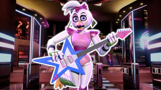 FNAF Chica: Glamrock Chica holding a star shaped electric guitar and outlined in white, pasted on a background of the entrance to the Mega Pizzaplex.