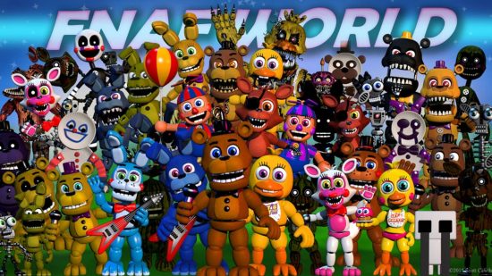 FNAF games - a promotional image showing FNAF World characters