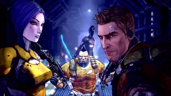 FPS games - three characters from Borderland. On the left, a woman with blue hair and yellow top, in the middle a strong man with pointy hair and yellow top, on the right a chiselled man with short brown hair and armour round his neck.