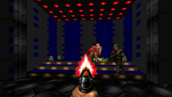 FPS games - a first person shot of a man holding a gun out in a room with red lights on the roof and pixelated demons dying in front of him.