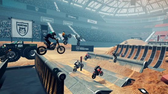 Motorbike games: a 2d shot shows several bikes jumping over ramps