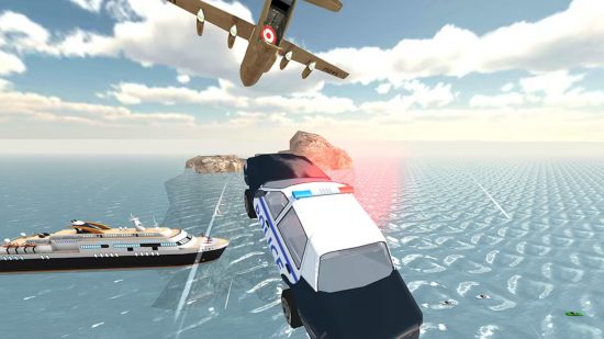 Screenshot of a car jumping into a plane in Jump Into the Plane for plane games guide