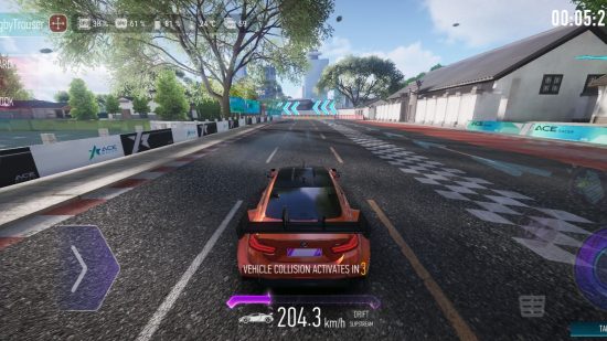 Asus ROG Phone 7 review -- screenshot from Ace Racer, showing a car driving down a street with trees and armco either side.