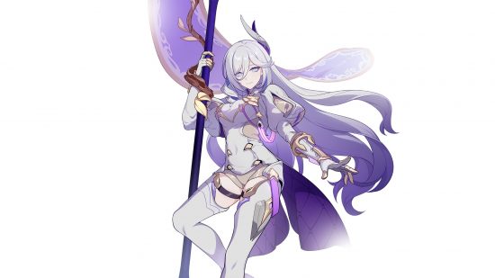 Honkai Impact character - Misteln holding a purple staff against a white background