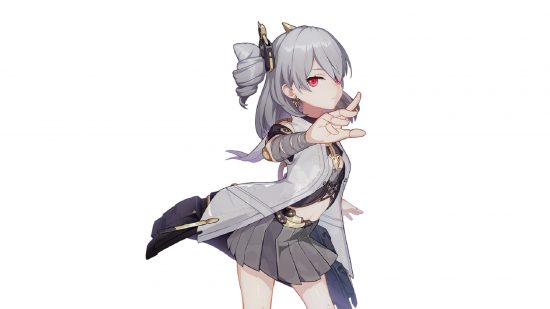 Honkai Impact characters - Prometheus with her arm outstretched against a white background