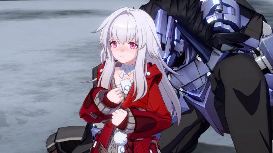 Honkai Star Rail's Clara with flushed cheeks and Svarog standing behind her