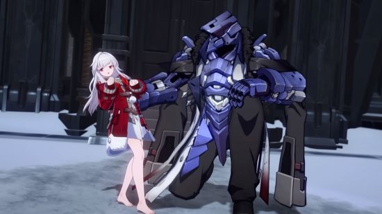 Honkai Star Rail Clara dancing with Mr Svarog, a giant robot