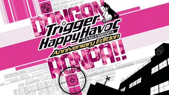 Detective games: Pink, white, and black cover art for Danganronpa Trigger Happy Havoc Anniversary edition.