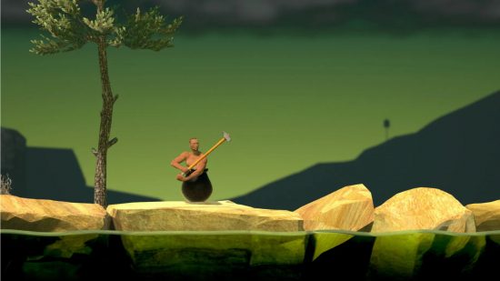 Screenshot from the beginning of Getting Over It with the man in the cauldron for best single-player games guide