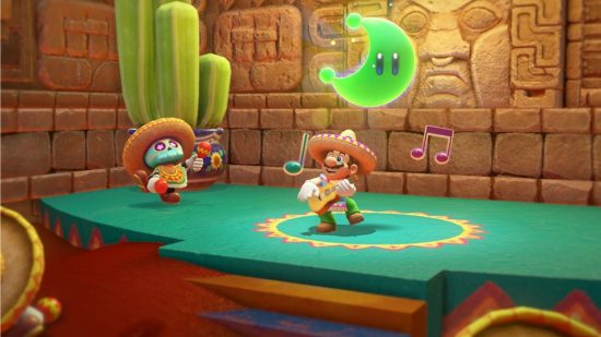 Single-player games - Mario playing the guitar with music notes appearing at his side