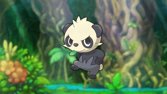 Pancham one of the best bear pokémon on a jungle background.