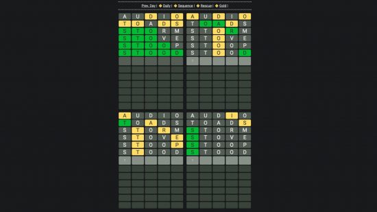 Games like World image showing four columns with different letters highlighted in green and yellow and others blank black on a black background.