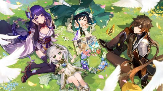 Best anime games: Genshin Impact promotional art showing Raiden, Nahida, Venti, and Zhongli sitting together in a field