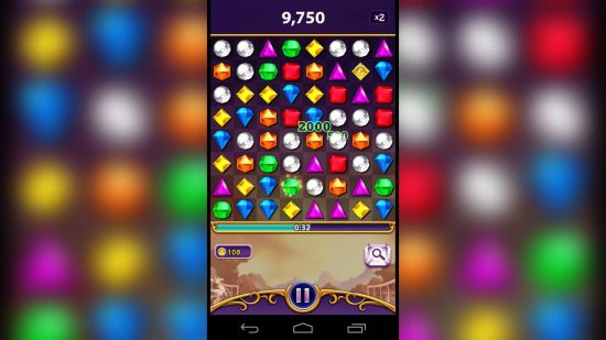 Match 3 games: a phone screenshot shows a game board filled with different types of jewels