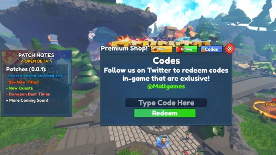 Elemental Dungeon codes redemption screen