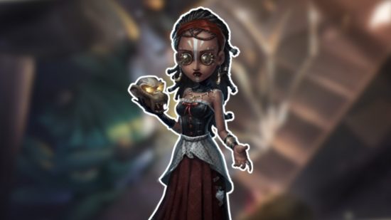 Identity V characters: The Enchantress outlined in white and pasted on a blurred Identity V background