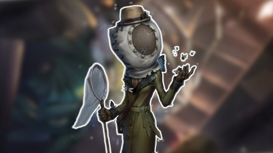 Identity V characters: The Entomologist outlined in white and pasted on a blurred Identity V background