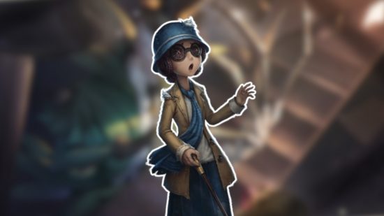 Identity V characters: The Mind's Eye outlined in white and pasted on a blurred Identity V background