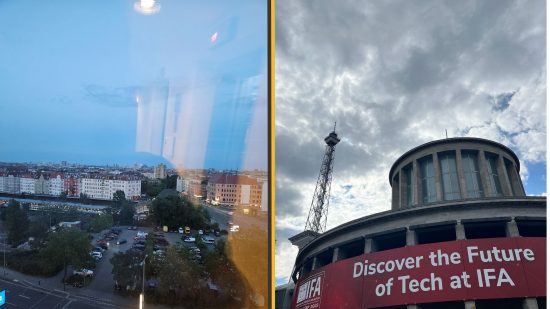 Samsung Galaxy Z Fold5 review camera comparison sowing a skyline on the left side and a shot of the Messe Berlin on the right side