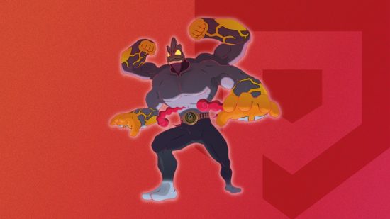 Gigantamax Pokémon Machamp's form on a themed SmartRead background