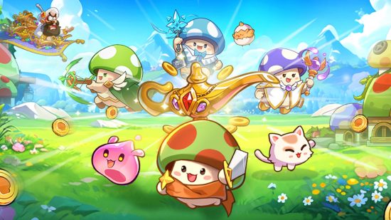 Art from one of the best mobile RPGs, Legend of Mushroom, showing a bunch of mushrooms and cute critters charging into battle