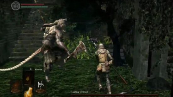 Dark Souls bosses: the Caprad Demon swining its machete at the chosen undead