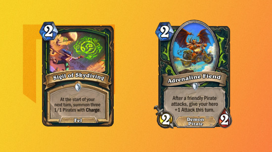 Hearthstone Demon Hunter: Sigil of Skydiving and Adrenaline Fiend cards on a mango PT background