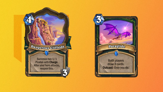 Hearthstone Demon Hunter: Dangerous Cliffside and Paragliding cards on a mango PT background